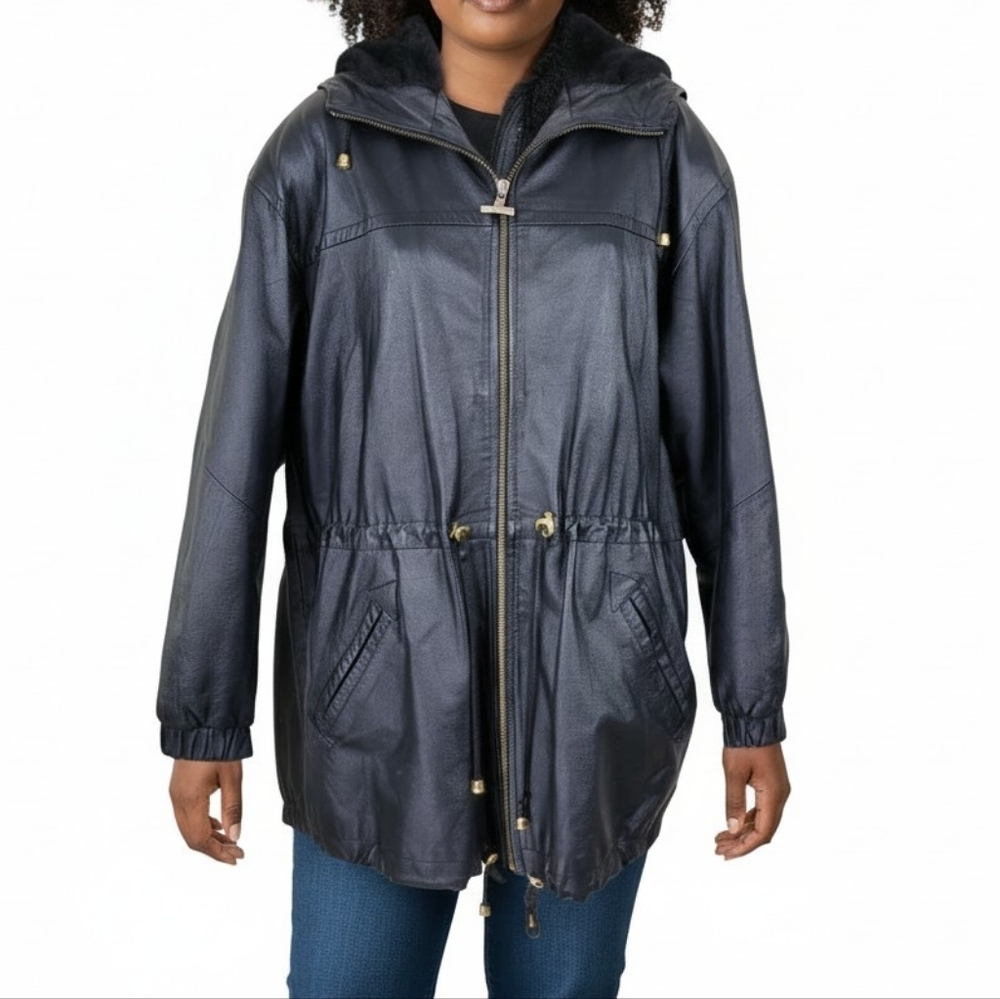 Global Identity GIII Leather Coat Women Size 1X Black  Faux Fur Lined Hood Zip